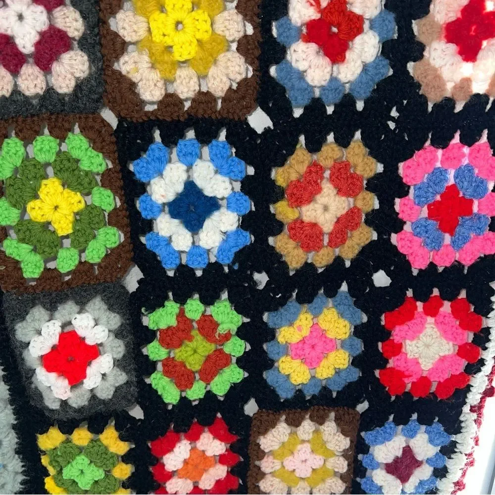 Vintage Afgani Crochet Grandma Square Blanket Throw Quilt Multicolor Handmade